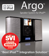 iPod speaker system XMI318 with Universal iPod dock and FM radio. Charge and playback iPhone (3G, G1) in airplane mode. Synchronises with your computer's iTunes library. Battery or mains powered. 12W Power Output. 